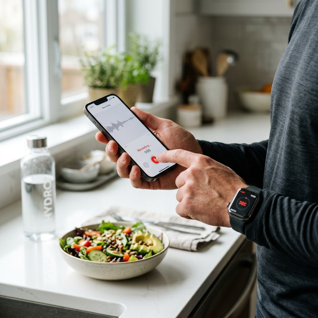 A person logging their workout and food easily using a voice-enabled AI health tracker