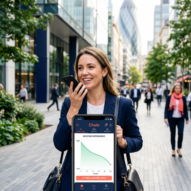 Phone screen showing a smoke-free streak and cravings logged in Chela QUIT IT