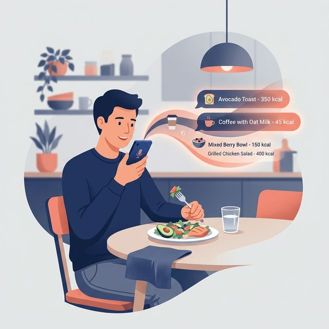 A person speaking into their phone while eating, logging calories by voice