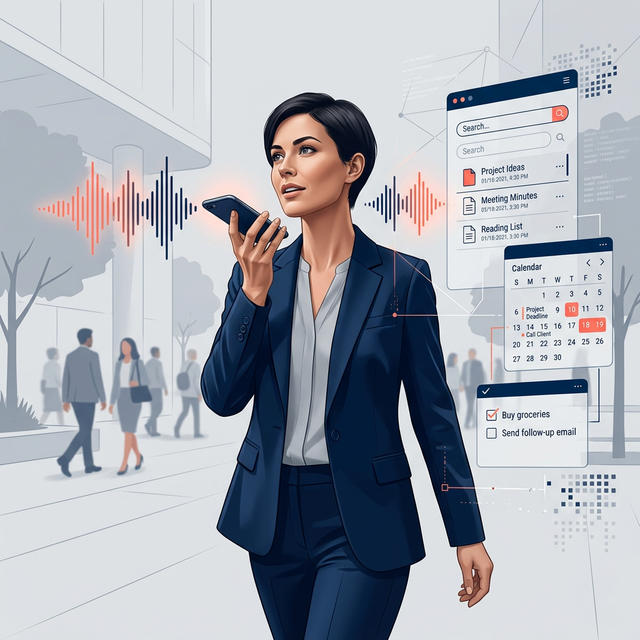 A professional capturing voice notes on the go, with voice waves transforming into structured notes, tasks, and a searchable knowledge base