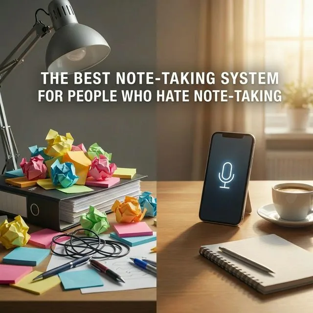 A messy desk filled with notes contrasting with a clean smartphone using voice capture