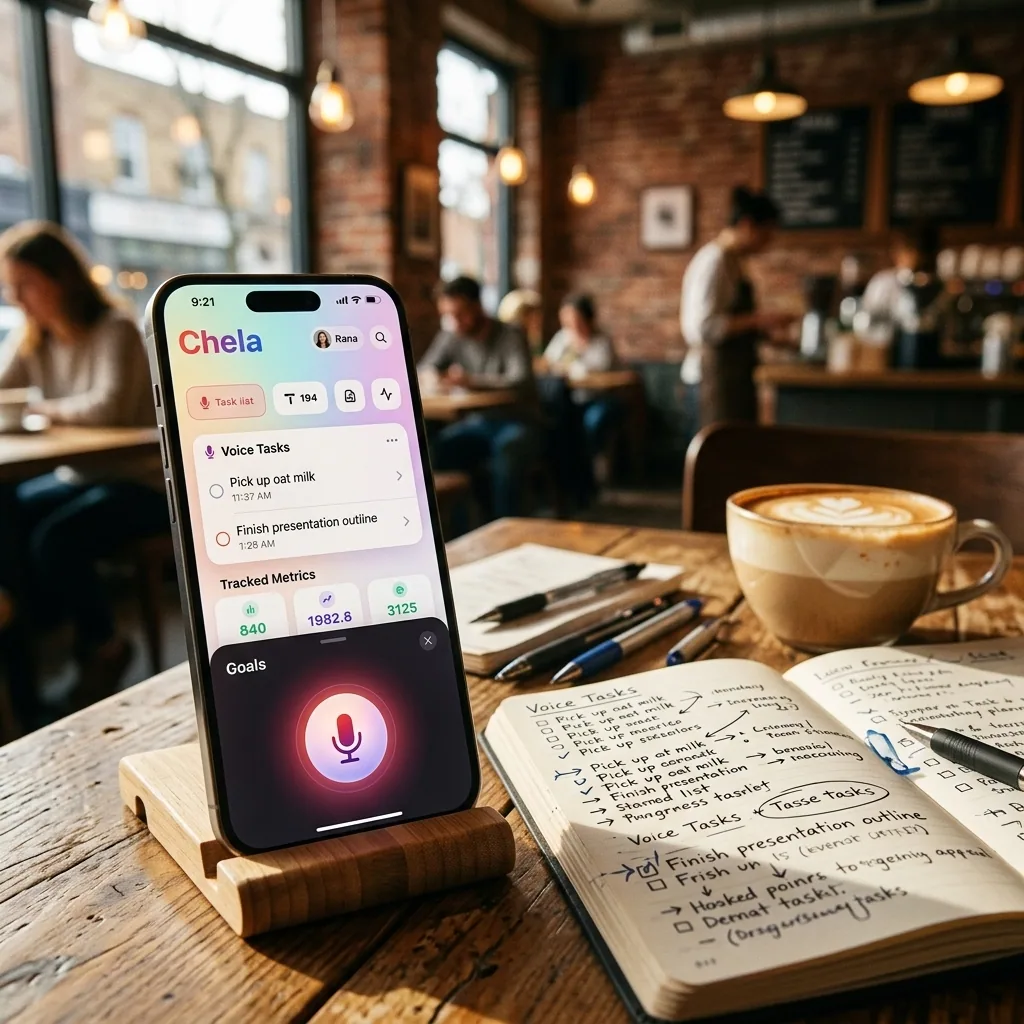 A messy paper to-do list next to a phone showing a clean, voice-organized task list
